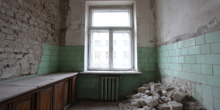 An old, partially demolished room with a window and broken bricks piled on the floor. Concept: decay, abandonment, urban ruin, interior disrepair