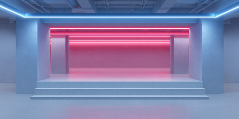 Fototapeta premium A futuristic stage with glowing blue and pink neon lights is centered in a room. Modern design and vibrant colors create a sci-fi atmosphere