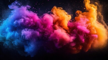 Obraz premium Colorful clouds of powder in vibrant blue, purple, pink, and orange hues mixing dynamically against a black background evoking energy and creativity