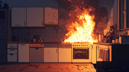 Kitchen fire incident emergency response during a blaze in residential home dramatic nighttime scene. [Hollow Velocity] | Sparktrail Vector | quick burn. Illustration