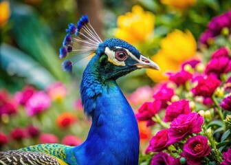 Obraz premium Peacock Portrait Photography: Dreamy Floral Background, Blue Feathers, Grace, Beauty