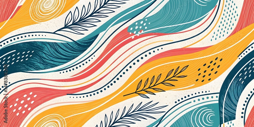 Poster abstract flowing waves with botanical elements: colorful seamless pattern