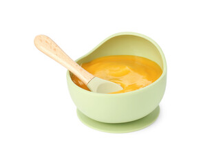 Baby food. Tasty puree in bowl and spoon isolated on white