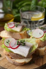 Tasty sandwiches with herring, radish and lettuce on table, closeup