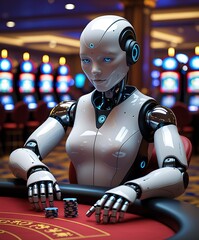 Futuristic humanoid robot playing poker at a casino table, combining advanced artificial intelligence and gambling, ideal for concepts of technology, gaming, and automation
