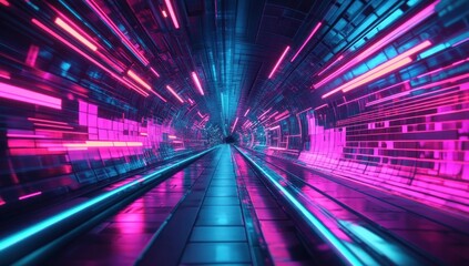 Futuristic illuminated tunnel with vibrant neon pink and blue lights creating a dynamic, glowing digital corridor atmosphere