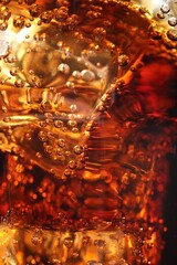 Refreshing cola with ice cubes as background, macro view