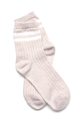 Pair of beige socks isolated on white, top view