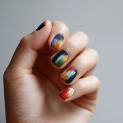 Fototapeta premium A hand with multicolored, abstract nail art featuring vibrant brushstroke designs on each fingernail.