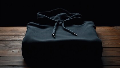 Dark Pullover Hoodie Still Life on Textured Wooden Surface Creating Dramatic Mood