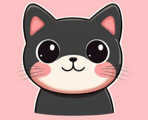 Cute cartoon black and white cat with big eyes and pink cheeks on light pink background expressing happiness