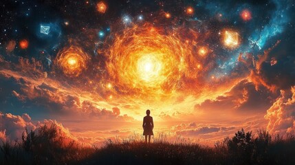 Fototapeta premium Silhouette of a person standing on grass facing a fiery glowing swirling celestial sky filled with bright stars and geometric light shapes in vibrant orange and blue hues