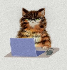 Watercolor cute orange cats studying/ Technology cats. Perfect for designing worksheets,  decor, invitations, announcements, blogs, website, cards, paper goods, planners, calendars design, scrapbook © yen