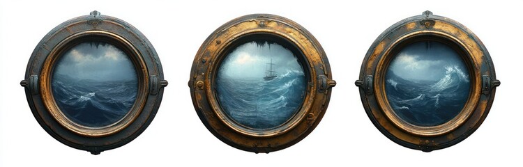 Three round metal ship portholes showing turbulent ocean waves with a sailing ship in the center porthole under a cloudy sky