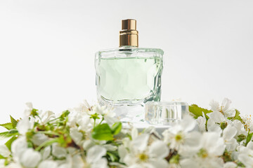 Bottle of aromatic perfume and twigs with beautiful flowers on white background, closeup. Stylish...