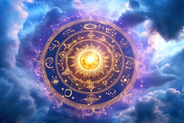 Glowing mystical astrological zodiac wheel with sun symbol in the center surrounded by cosmic clouds and stars, emitting a magical and celestial atmosphere