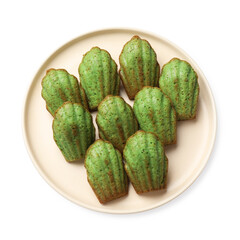 Tasty matcha madeleine cakes isolated on white, top view