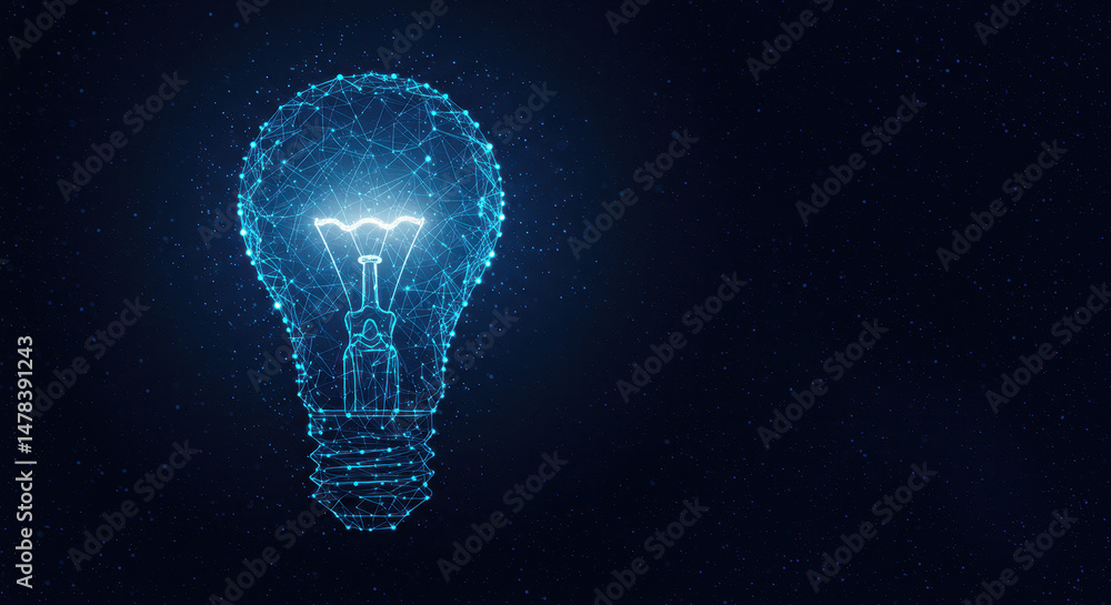 Poster digital lightbulb: innovation spark, futuristic idea network, brilliant tech concept, data driven, c