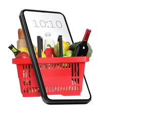 Red shopping basket full of food products coming through mobile phone screen on white background....