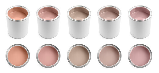 Different pastel paints in cans isolated on white, set. Top and side view