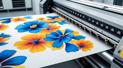 High-resolution digital floral artwork emerging from a large format industrial printer, showcasing professional printing technology and vivid color reproduction

