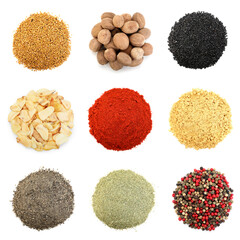 Different aromatic spices on white background, set. Top view