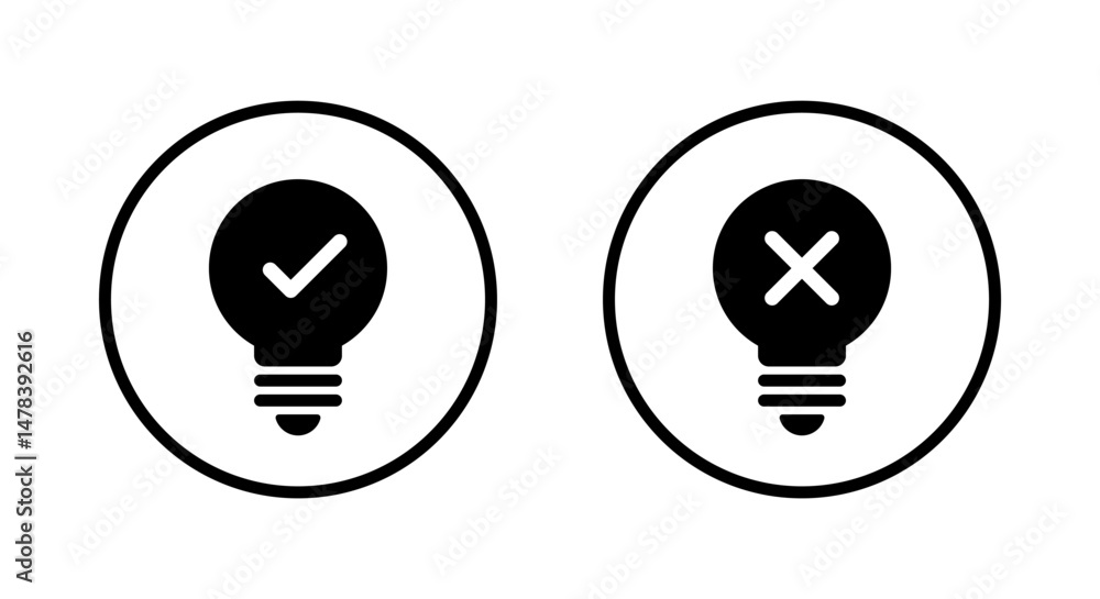 Poster light bulb check and cross mark icon on circle line. creativity and stagnation sign symbol