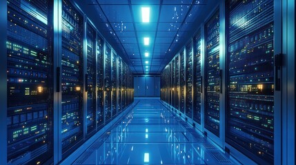 Long corridor in a modern data center with rows of illuminated server racks and blue futuristic lighting creating a high-tech atmosphere
