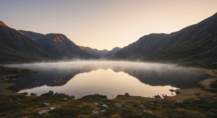 Highland Lake with Fog and Mountains