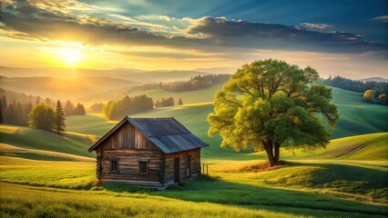 Rustic wooden house standing alone in a vast green landscape under the warm golden sunlight, with rolling hills and tall trees surrounding it , nature scenery, rustic wooden house