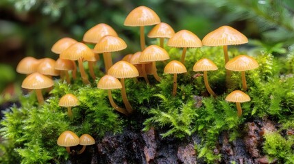Vibrant orange mushrooms sprout from a bed of verdant moss in a lush, natural forest scene.