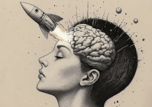 Surreal drawing of a calm woman with a rocket launching from her exposed brain symbolizing imagination and mental creativity