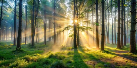 Fototapeta premium Tranquil forest at dawn with mist rising from the ground and sunlight filtering through the trees, serene, forest