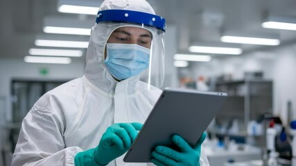 A scientist in a protective suit uses a tablet in a laboratory, concept for medical research and technology - Powered by Adobe