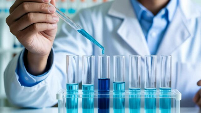 Close-up of scientist's hand holding a pipette dripping blue liquid into test tubes, concept for medical research, pharmaceutical industry, and scientific experiment