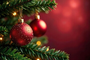 Fototapeta premium Sparkling red and gold Christmas ornaments hanging on a decorated tree branch , hanging, background, macro