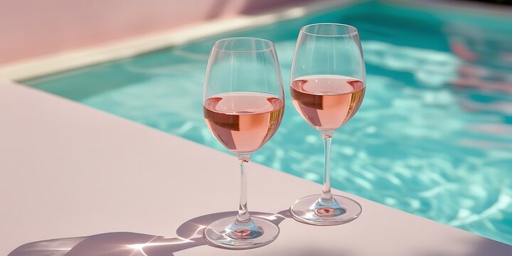 Two glasses of rosé wine on a sunlit surface beside a swimming pool, creating a luxurious summer vibe perfect for vacation, relaxation, or elegant lifestyle concepts
