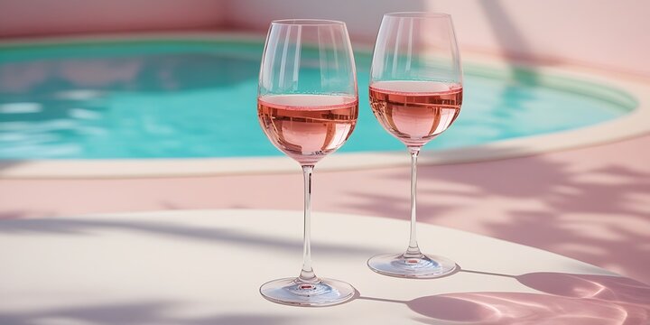 Two glasses of rosé wine on a sunlit surface beside a swimming pool, creating a luxurious summer vibe perfect for vacation, relaxation, or elegant lifestyle concepts
