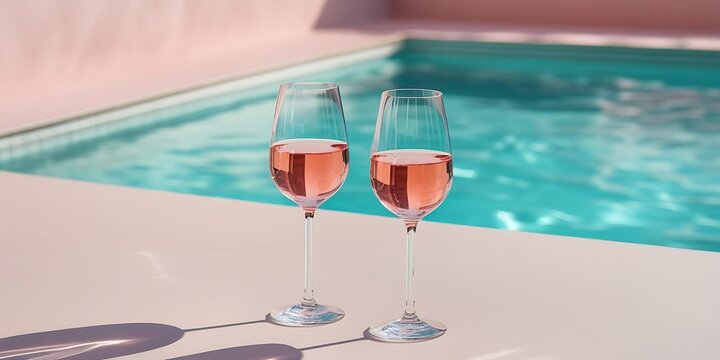 Two glasses of rosé wine on a sunlit surface beside a swimming pool, creating a luxurious summer vibe perfect for vacation, relaxation, or elegant lifestyle concepts
