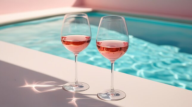 Two glasses of rosé wine on a sunlit surface beside a swimming pool, creating a luxurious summer vibe perfect for vacation, relaxation, or elegant lifestyle concepts
