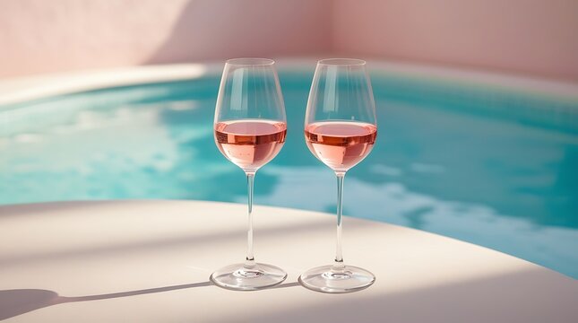 Two glasses of rosé wine on a sunlit surface beside a swimming pool, creating a luxurious summer vibe perfect for vacation, relaxation, or elegant lifestyle concepts
