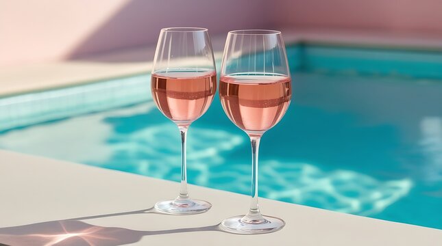 Two glasses of rosé wine on a sunlit surface beside a swimming pool, creating a luxurious summer vibe perfect for vacation, relaxation, or elegant lifestyle concepts
