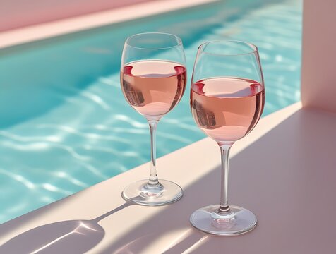 Two glasses of rosé wine on a sunlit surface beside a swimming pool, creating a luxurious summer vibe perfect for vacation, relaxation, or elegant lifestyle concepts
