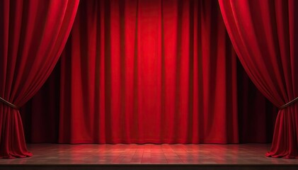 Velvet stage curtain, rich crimson red, closed, ready for the show , dark, spotlight