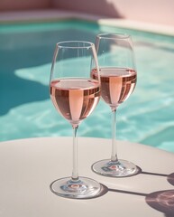 Obraz premium Two glasses of rosé wine on a sunlit surface beside a swimming pool, creating a luxurious summer vibe perfect for vacation, relaxation, or elegant lifestyle concepts 