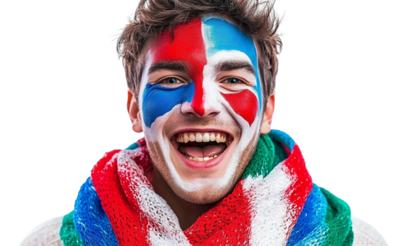 Olympic fan with painted face and flag scarf, cheering passionately for their country isolated on white background PNG