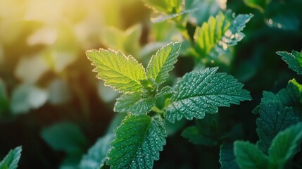 A vibrant close-up of fresh green mint leaves, illuminated by soft sunlight.
