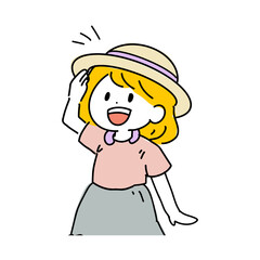 麦わら帽子をかぶった女の子のイラスト（夏・日差し対策・子ども）