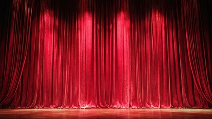 Rich red velvet theater curtain closed on a wooden stage floor under dramatic lighting creating an elegant atmosphere