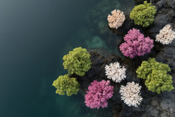 aerial view of colorful coral reef in laos under overcast sky